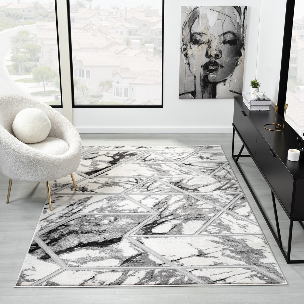 Bianco 224RA Abstract Geometric Rug in Cream Silver